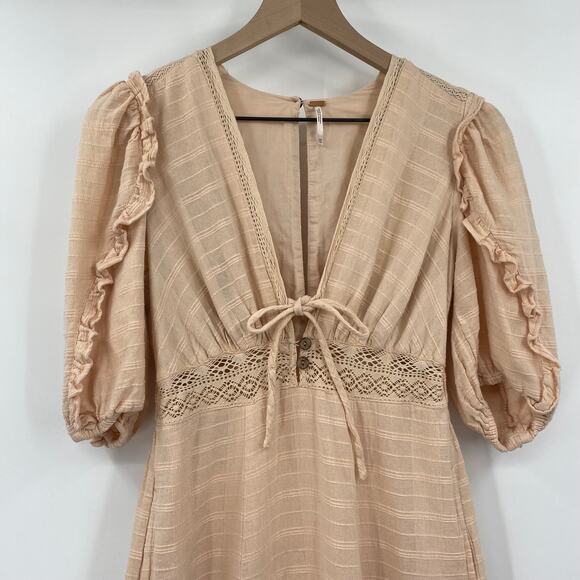 Free People Slow Pace Romantic Dress Tie V Neck Puff Sleeve Midi Peach Womens XS - Picture 4 of 13